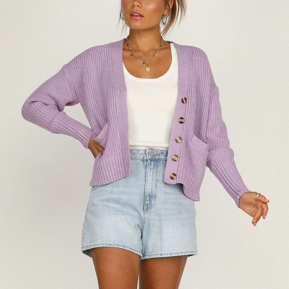 Lavender Knit Button Front Cardigan - Picture 2 of 16